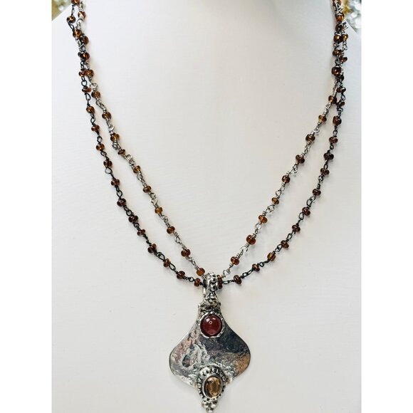 Handcrafted Sterling Silver Pendant Necklace With Amber Bead Chain & Carnelian G - Picture 3 of 7